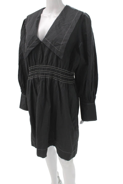 Ganni Women Black Cotton V-Neck Long Sleeve Mini Dress Knee Length Size 42