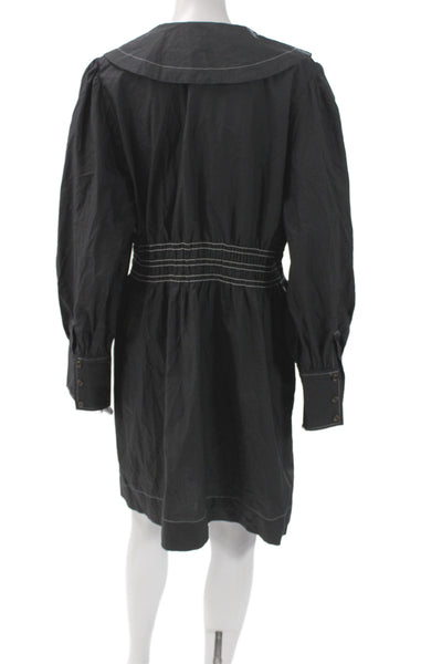 Ganni Women Black Cotton V-Neck Long Sleeve Mini Dress Knee Length Size 42