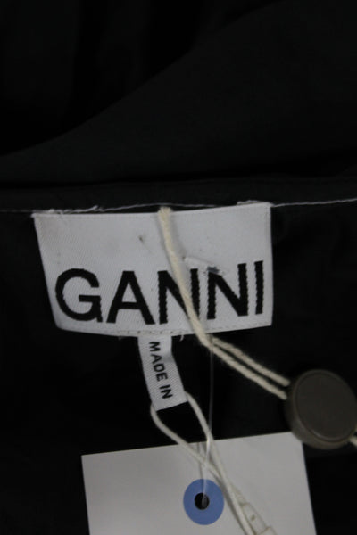 Ganni Women Black Cotton V-Neck Long Sleeve Mini Dress Knee Length Size 42