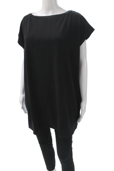 Eileen Fisher Womens Black Boat Neck Tunic Short Sleeve Organic Cotton Size L