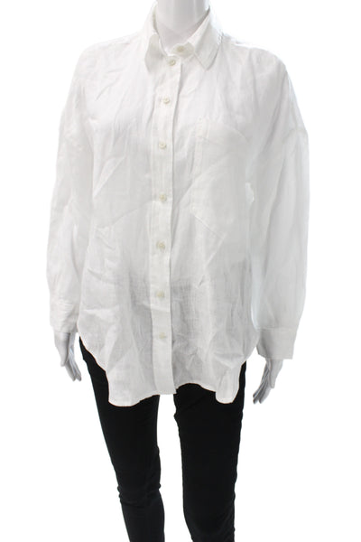 Zara Women Linen Collared Button Up Long Sleeve White Top Basic Casual Size XS