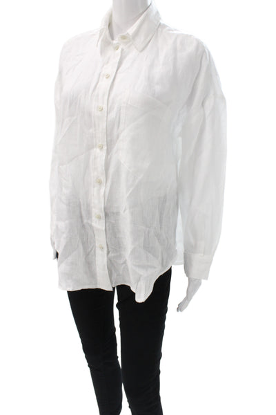 Zara Women Linen Collared Button Up Long Sleeve White Top Basic Casual Size XS