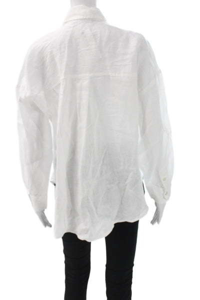 Zara Women Linen Collared Button Up Long Sleeve White Top Basic Casual Size XS