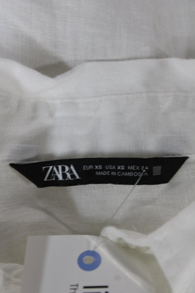 Zara Women Linen Collared Button Up Long Sleeve White Top Basic Casual Size XS