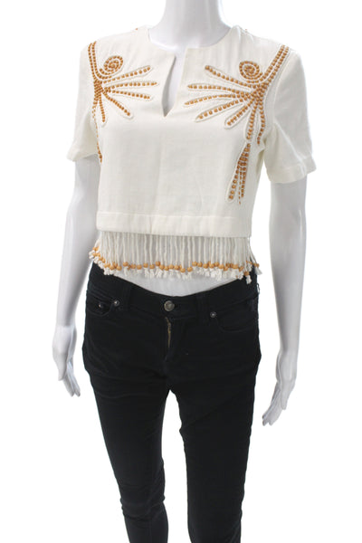 Toccin Women Cropped Herringbone White Short Sleeve Blouse Round Neck Size 2
