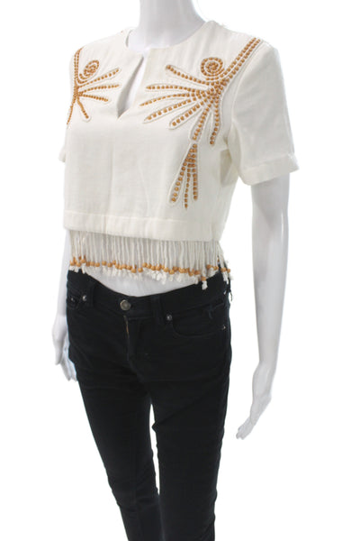 Toccin Women Cropped Herringbone White Short Sleeve Blouse Round Neck Size 2