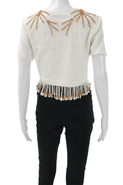 Toccin Women Cropped Herringbone White Short Sleeve Blouse Round Neck Size 2