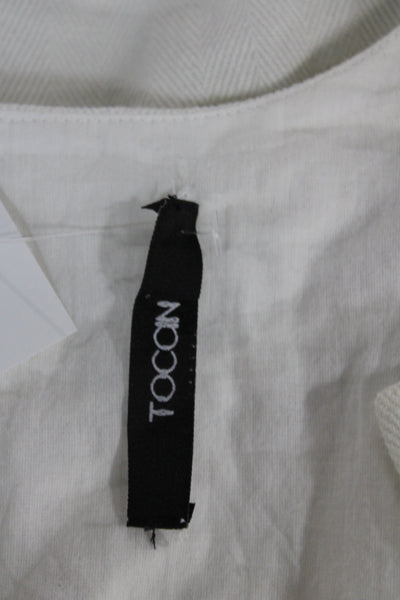 Toccin Women Cropped Herringbone White Short Sleeve Blouse Round Neck Size 2
