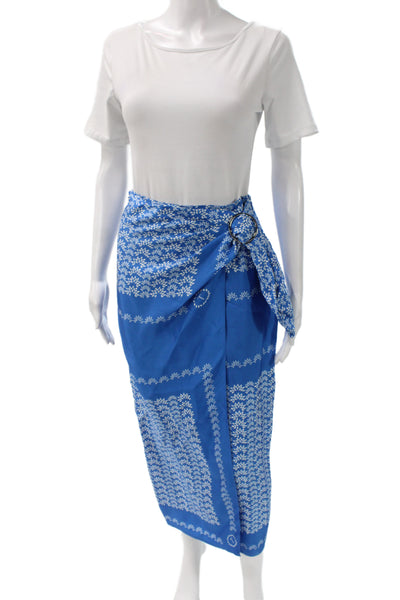 Toccin Women Wrap Skirt Blue Floral Geometric Midi Zip Size 2