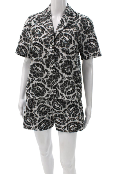 Toccin Women Floral Collared Button Short Sleeve Set Black Size XS