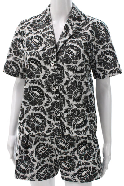 Toccin Women Floral Collared Button Short Sleeve Set Black Size XS