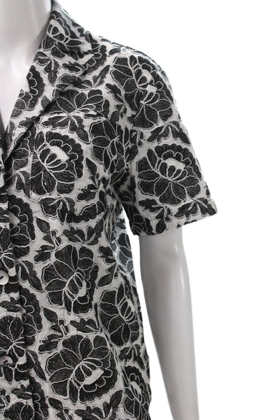 Toccin Women Floral Collared Button Short Sleeve Set Black Size XS