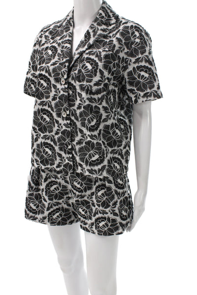 Toccin Women Floral Collared Button Short Sleeve Set Black Size XS