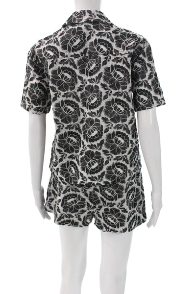 Toccin Women Floral Collared Button Short Sleeve Set Black Size XS