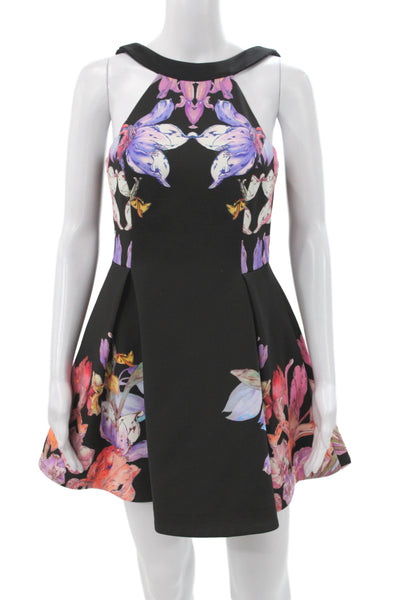 Keepsake Women Fit & Flare Dress Black Halter Sleeveless Mini Floral Size M