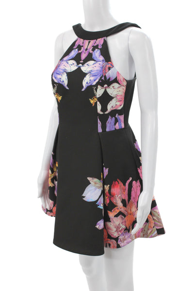 Keepsake Women Fit & Flare Dress Black Halter Sleeveless Mini Floral Size M