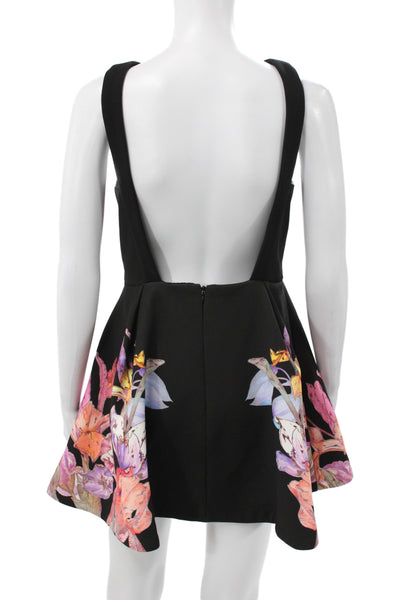 Keepsake Women Fit & Flare Dress Black Halter Sleeveless Mini Floral Size M