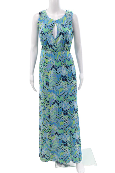 Belle Badgley Mischka Women Blue VNeck Geometric Maxi Dress Sleeveless Size 4
