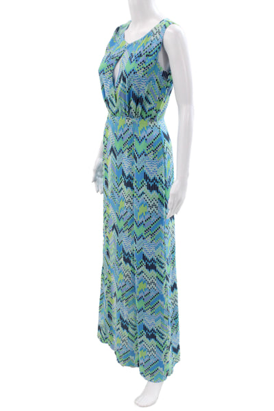 Belle Badgley Mischka Women Blue VNeck Geometric Maxi Dress Sleeveless Size 4