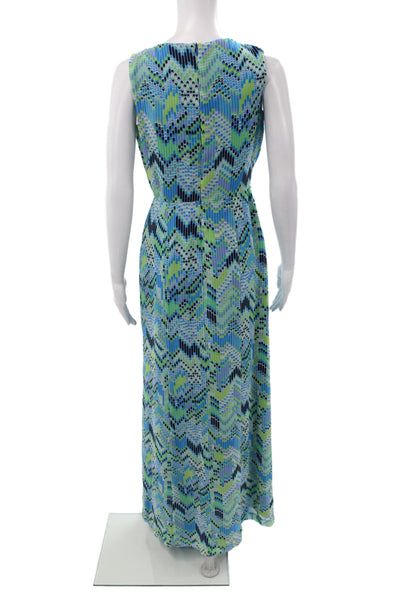 Belle Badgley Mischka Women Blue VNeck Geometric Maxi Dress Sleeveless Size 4