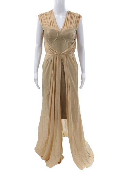 Badgley Mischka Women Maxi Silk V-Neck Sleeveless Grecian Dress Beige Size 4