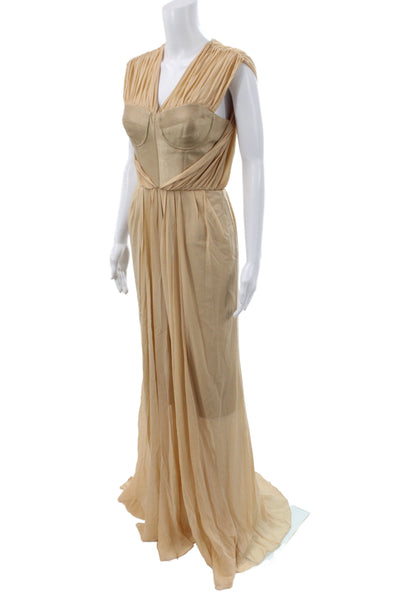 Badgley Mischka Women Maxi Silk V-Neck Sleeveless Grecian Dress Beige Size 4