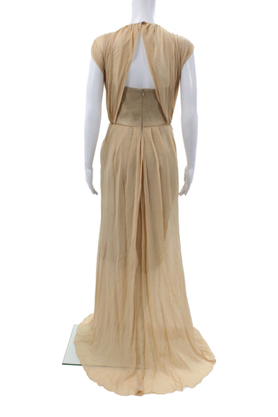 Badgley Mischka Women Maxi Silk V-Neck Sleeveless Grecian Dress Beige Size 4