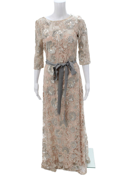 Badgley Mischka Women Sheath Lace Wedding Dress Beige 3/4 Sleeve Size 4