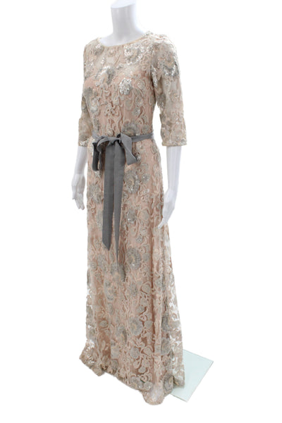 Badgley Mischka Women Sheath Lace Wedding Dress Beige 3/4 Sleeve Size 4