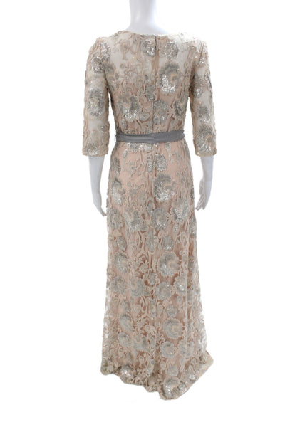 Badgley Mischka Women Sheath Lace Wedding Dress Beige 3/4 Sleeve Size 4