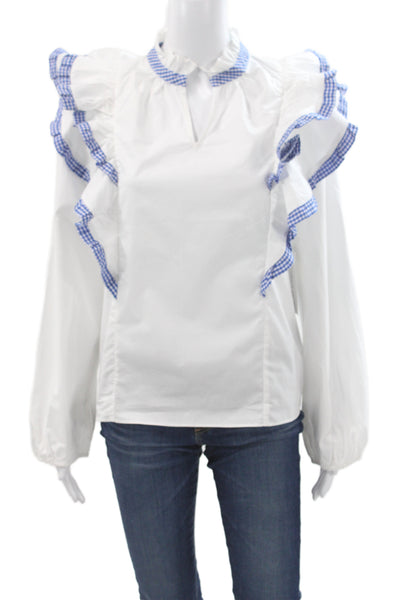 Hyacinth House Women Blue V-Neck Gingham Cotton Long Sleeve Blouse Size XS