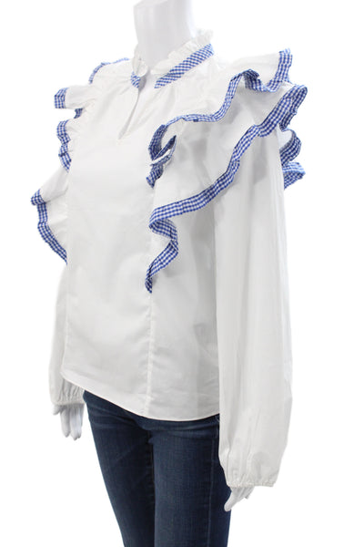 Hyacinth House Women Blue V-Neck Gingham Cotton Long Sleeve Blouse Size XS