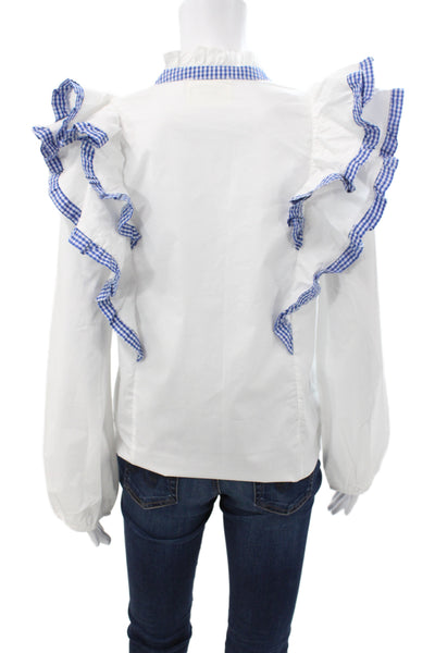 Hyacinth House Women Blue V-Neck Gingham Cotton Long Sleeve Blouse Size XS