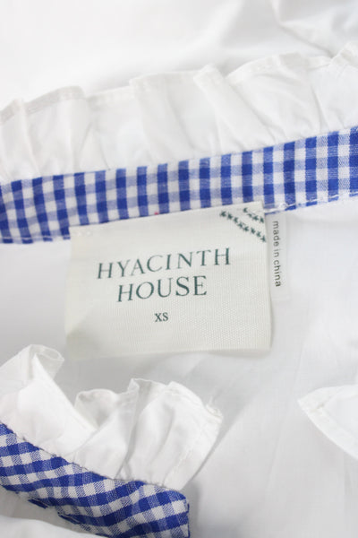 Hyacinth House Women Blue V-Neck Gingham Cotton Long Sleeve Blouse Size XS
