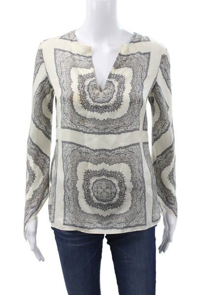 Theory Women Tunic Silk Paisley V-Neck Long Sleeve Ivory Size S