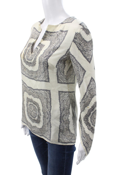 Theory Women Tunic Silk Paisley V-Neck Long Sleeve Ivory Size S