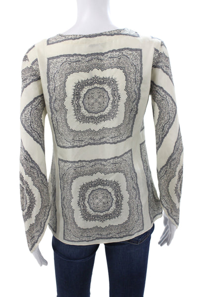 Theory Women Tunic Silk Paisley V-Neck Long Sleeve Ivory Size S