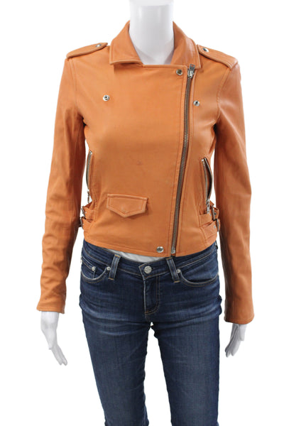 IRO Women Orange Lamb Leather Biker Jacket Zip Front Size 36