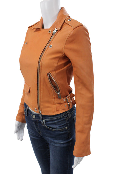 IRO Women Orange Lamb Leather Biker Jacket Zip Front Size 36