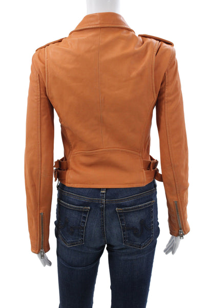 IRO Women Orange Lamb Leather Biker Jacket Zip Front Size 36