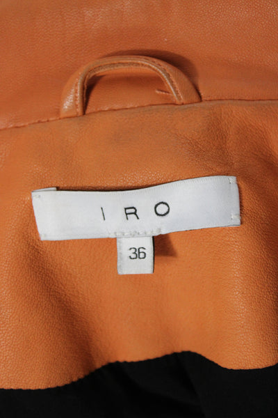 IRO Women Orange Lamb Leather Biker Jacket Zip Front Size 36
