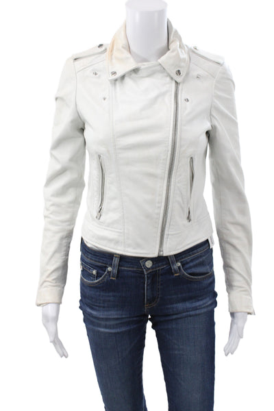IRO Women Orange Lamb Leather Biker Jacket Zip Front Size 36