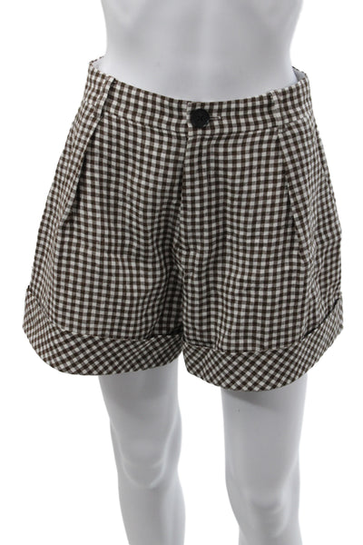 Toccin Womens Brown Linen Check Chino Shorts Button Closure Size 2