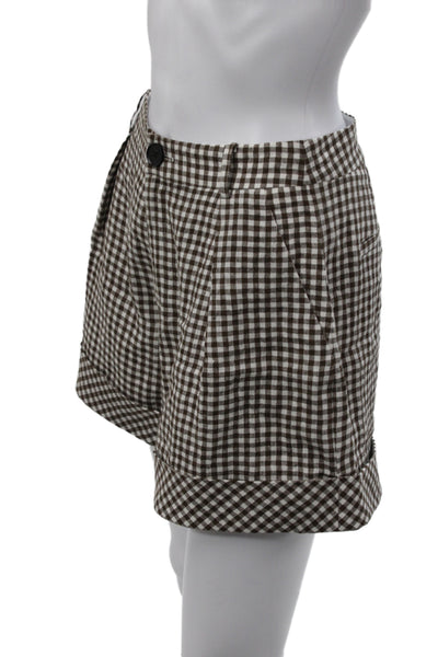 Toccin Womens Brown Linen Check Chino Shorts Button Closure Size 2