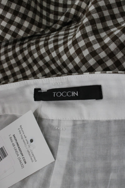 Toccin Womens Brown Linen Check Chino Shorts Button Closure Size 2