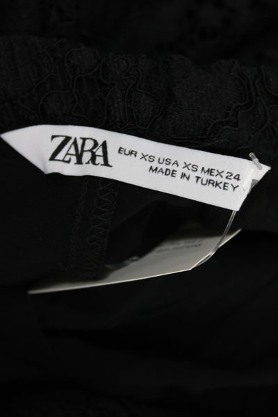 Zara Womens Cropped Floral Viscose Pants Black Drawstring Size XS