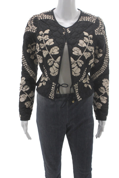 Beyond By Vera Women Quilted Floral Black Cotton Jacket Tie Size XS
