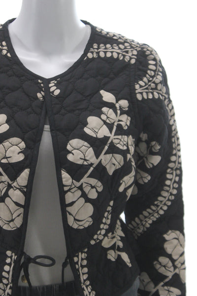 Beyond By Vera Women Quilted Floral Black Cotton Jacket Tie Size XS