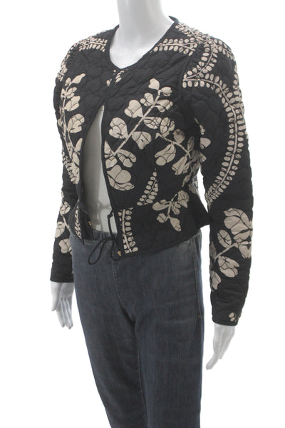 Beyond By Vera Women Quilted Floral Black Cotton Jacket Tie Size XS