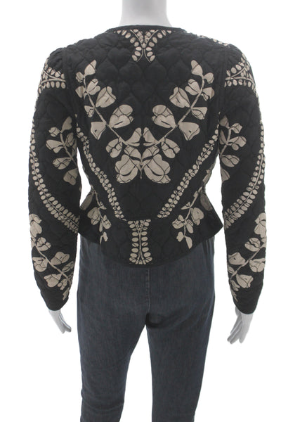 Beyond By Vera Women Quilted Floral Black Cotton Jacket Tie Size XS